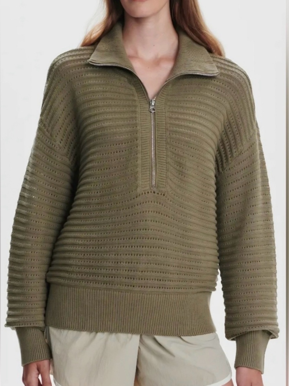 Varley Tara Pointelle Half Zip Sweater Dusty Green Olive Size L